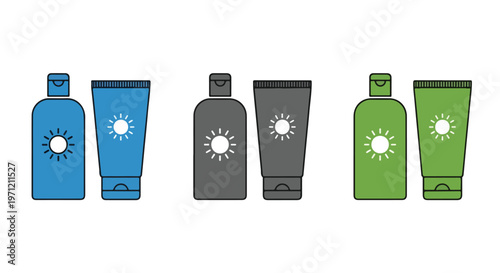 Collection of three pairs of sunscreen bottles and tubes in blue, gray, and green with sun icon for sun protection