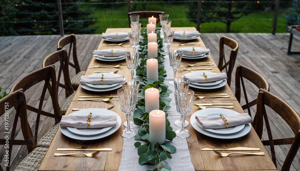 Fototapeta premium Elegant al fresco dining setup on wooden deck with wine glasses and candles