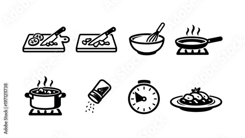 Food preparation and cooking process: chopping board, knife cutting vegetables, mixing bowl, frying pan on stove, boiling pot, seasoning shaker, timer