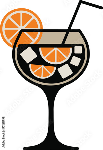 Minimalist Cocktail Glass Icon with Ice Cubes and Citrus Slice Clean Drink Illustration for Bar Menu Design
