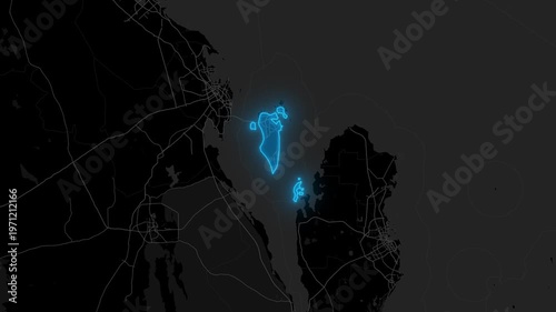 Stylized Blue Neon Glow Map Zoom In Animation on Dark Digital Background - Bahrain