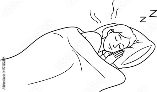 Cartoon sketch of a person deeply asleep in bed