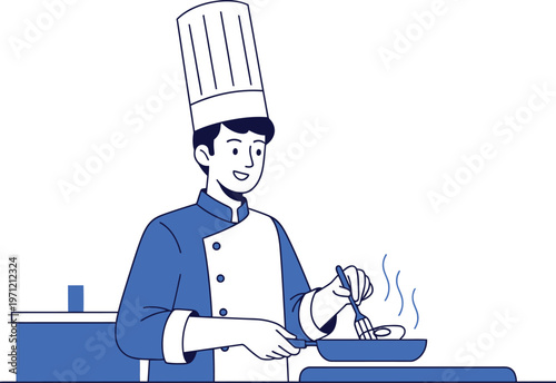 Smiling chef preparing a delicious meal with flair