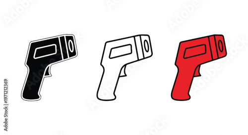 Three different colored digital infrared thermometers, black, white outline, and red, isolated on a white background