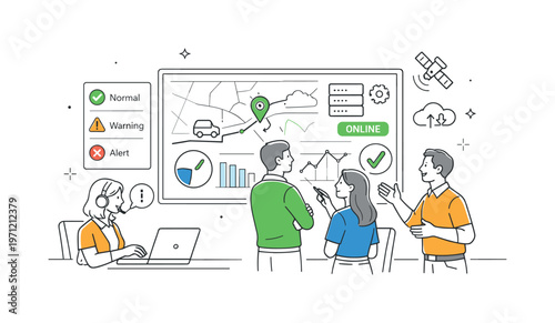 A system monitoring and real time status scene showing a small team observing operations around a large screen and signal indicators, using a clean
