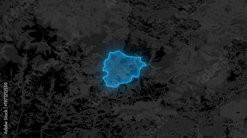 Stylized Blue Neon Glow Map Zoom In Animation on Dark Digital Background - Andorra