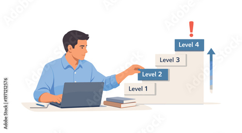 A professional structuring a clear escalation process during a focused workflow session, sitting at a desk with a laptop while arranging a simple