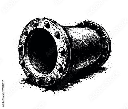 A massive iron flanged pipe section shown in a three-quarter perspective, enlarged to dominate the frame as a cylindrical industrial form on a clean