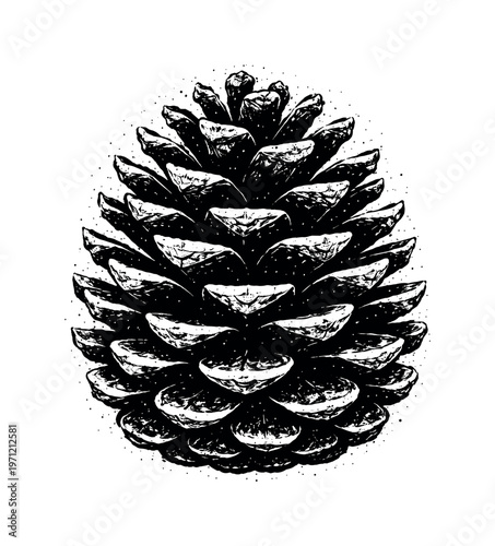 A detailed pinecone shown in direct frontal view, enlarged to fill most of the frame with its layered scales radiating outward in a dense, symmetrical