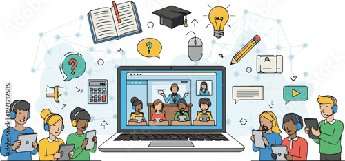People interact with a laptop showing diverse individuals on screen surrounded by educational icons