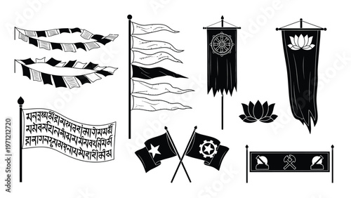 Collection of black and white Buddhist prayer flags and symbols, religious iconography.