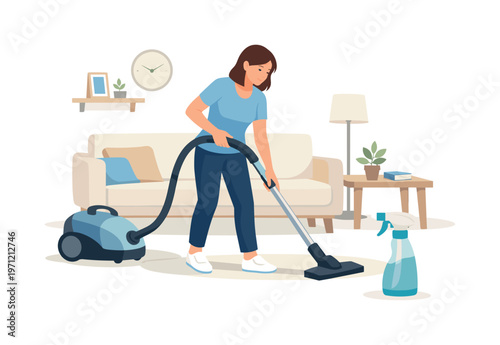 A cleaning service scene where a person carefully tidies and maintains a living space with attention to order and hygiene in a calm home interior, a