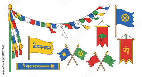 Colorful Buddhist prayer flags and various religious symbols, decorative elements.