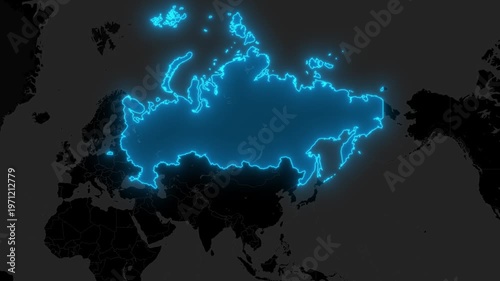 Stylized Blue Neon Glow Map Zoom In Animation on Dark Digital Background - Russia