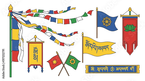 Colorful Buddhist prayer flags and symbols in vibrant colors, decorative elements.