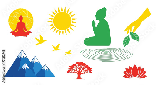 Mindful meditation icons featuring mountains sun and green silhouettes for wellness design.