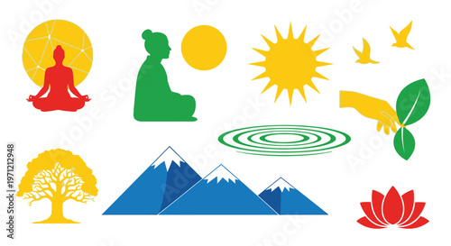 Zen meditation silhouette set with yoga pose and nature elements in flat vector style.