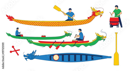 Collection of dragon boat festival elements, dragon boats, paddlers, drummer, and paddles for water sport.