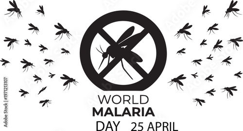 Black and white World Malaria Day April 25 mosquito prevention vector illustration for health awareness campaign design