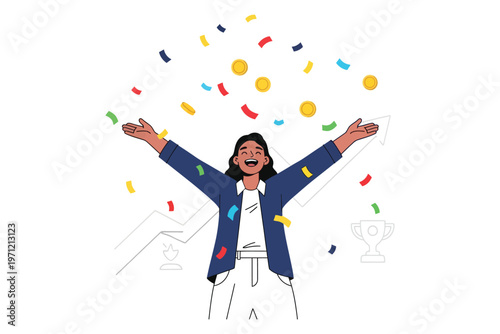 Woman celebrating with arms raised and confetti falling