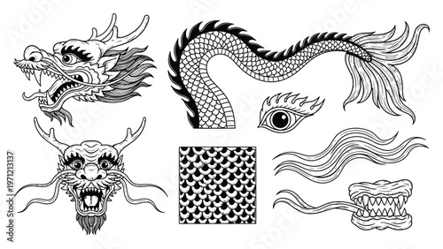 Traditional dragon tattoo elements and oriental mythical creature illustrations with line art details.