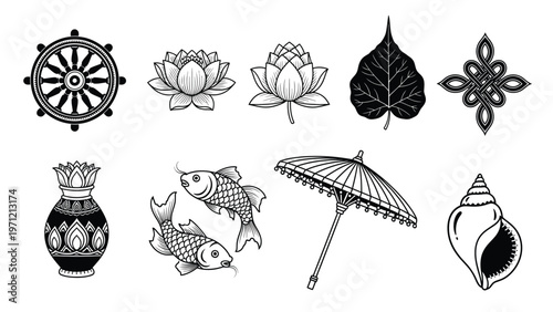 Auspicious symbols and traditional buddhist elements set in black line art illustration.