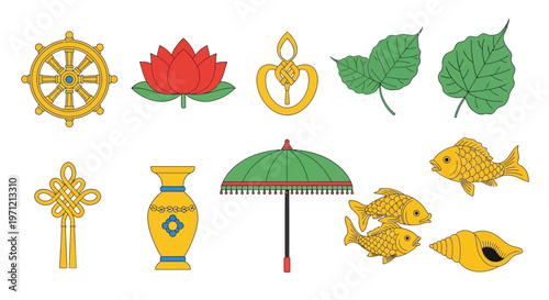 set of buddhist symbols including dharma wheel, lotus flower, endless knot, bodhi leaf.