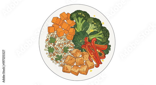 Healthy meal with chicken quinoa broccoli carrots and red peppers on a plate nutritious food for diet and wellness