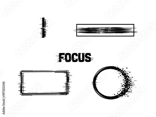 Digital input focus and cursor state theme, a set of 4 glitch-distorted monochrome objects placed on a perfectly clean white background