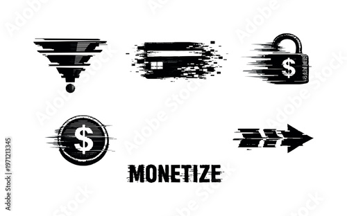 Digital monetization and subscription funnels theme, a set of five glitch-distorted monochrome objects floating on a perfectly clean white background