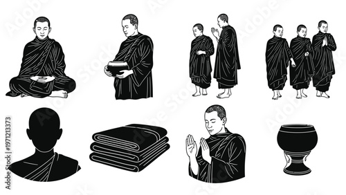 Buddhist monk black and white vector collection showing daily spiritual life and prayer.