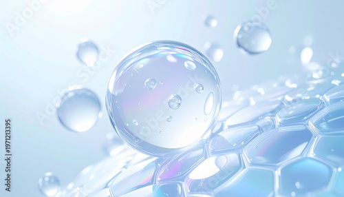 水滴のような美容液が肌に浸透するイメージのスキンケア科学背景 ヒアルロン酸セラミドCICA配合ビジュアル ジェネレーティブAI