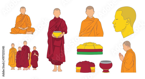 Buddhist monks in orange and maroon robes practicing meditation and traditional religious ceremonies.