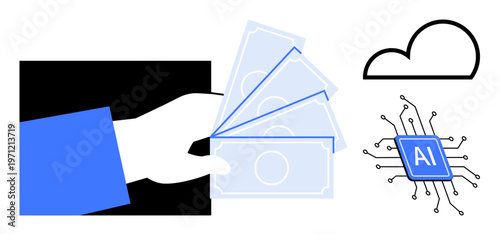 Finance, digital economy, AI advancements, cloud computing, fintech innovation, online transactions. Hand holding money, AI chip and cloud illustration. Finance and fintech transformation theme