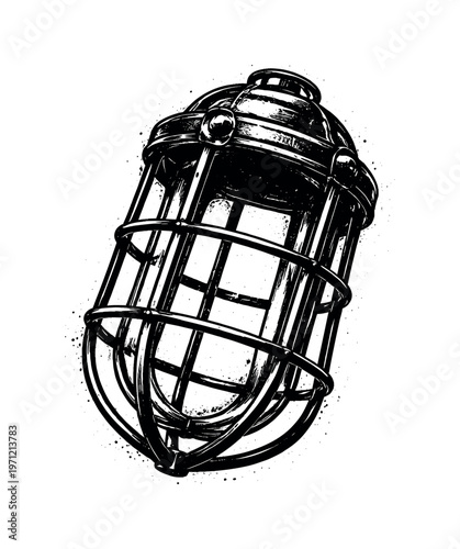 A vintage lantern cage frame shown in three-quarter perspective, angled so the skeletal metal structure and protective wire guards surround the