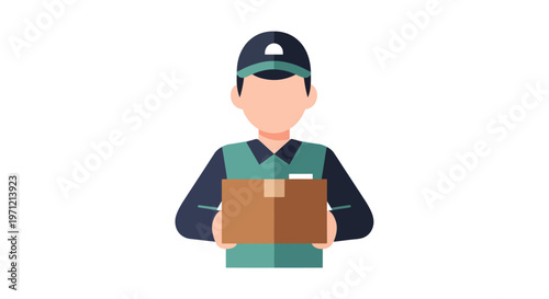 A delivery person wearing a cap and uniform holding a package with a neutral expression