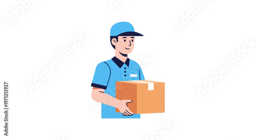 A friendly delivery man in a blue uniform carrying a package