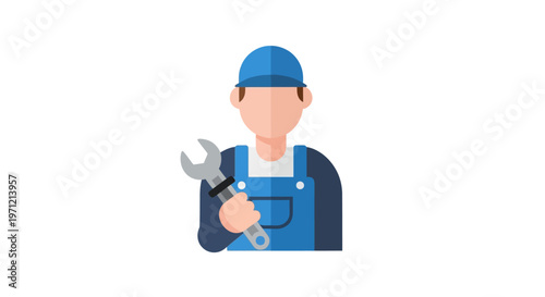 A mechanic wearing blue overalls and a cap holds a wrench, ready for repairs