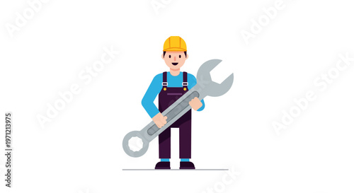 Dedicated male worker in safety attire proudly holding a large wrench, symbolizing essential maintenance, repair, and professional service. A skilled technician ready to fix issues efficiently