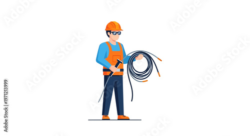 Professional industrial worker in safety equipment, including a hard hat and vest, holding a power washer with a long hose, symbolizing efficient cleaning and maintenance tasks