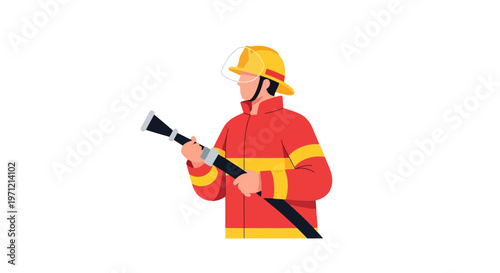 Professional emergency responder in protective gear holding a fire hose, ready for rescue operations and fire suppression efforts. Illustration of a brave fireman at work protecting communities