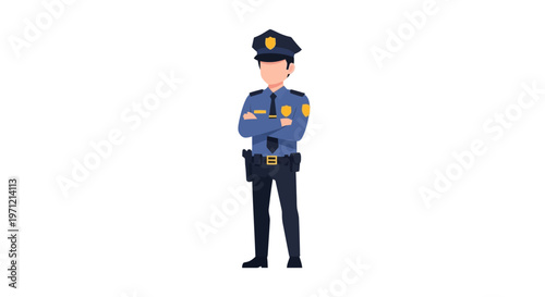 Professional male law enforcement officer illustration in blue uniform, standing with arms crossed. Represents authority, safety, and community order