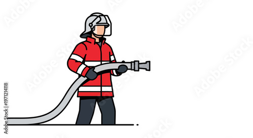 A brave firefighter in protective gear is actively holding a fire hose, ready to extinguish flames and ensure public safety during an emergency situation, symbolizing protection and swift action