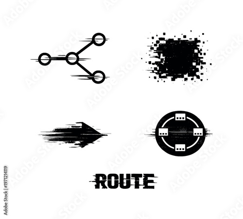 Digital packet routing and network paths theme, a set of four glitch-distorted monochrome objects placed on a perfectly clean white background