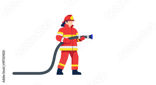 Brave Emergency Responder in Full Firefighting Gear with Hose Ready to Combat Blaze, Illustrating Professional Fire Safety and Rapid Response Services