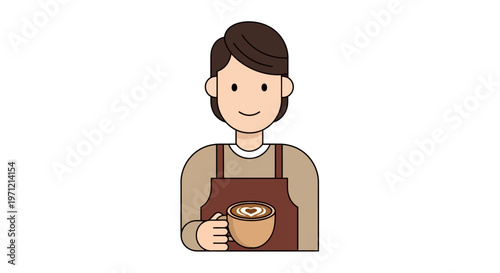A friendly cartoon person, a skilled barista, serving a warm cup of freshly brewed coffee adorned with beautiful latte art, perfect for cafe and beverage designs