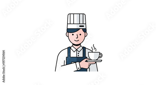 Professional barista or chef illustration serving steaming hot coffee on a tray, symbolizing attentive hospitality and dedicated beverage service for cafes and restaurants