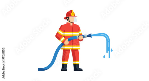 Firefighter in uniform spraying water from a hose, emergency service illustration