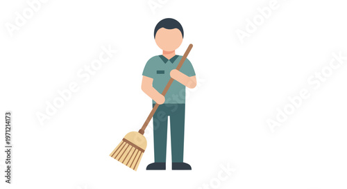 Professional cleaner with broom ready for cleaning duties, representing janitorial services and house keeping excellence