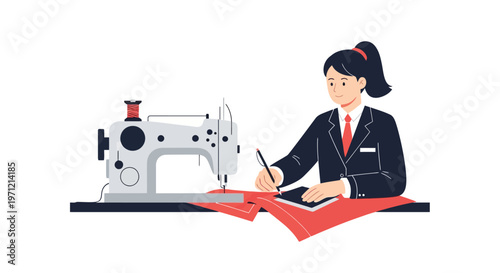 Skilled fashion designer meticulously crafting an elegant garment using a modern sewing machine and design tools